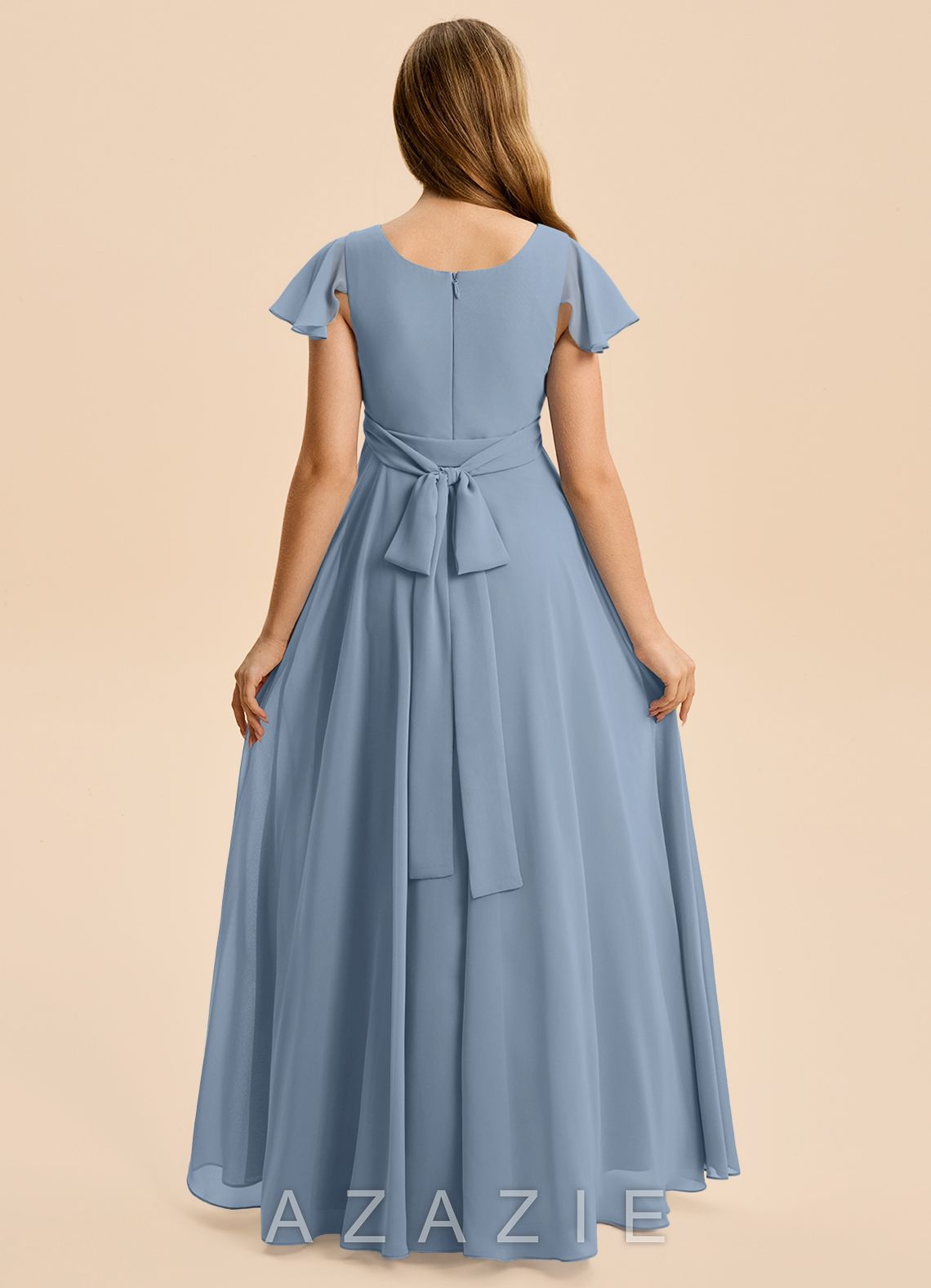 Azazie Cady Junior Dusty Blue A-Line Pleated Chiffon Dress dusty_blue