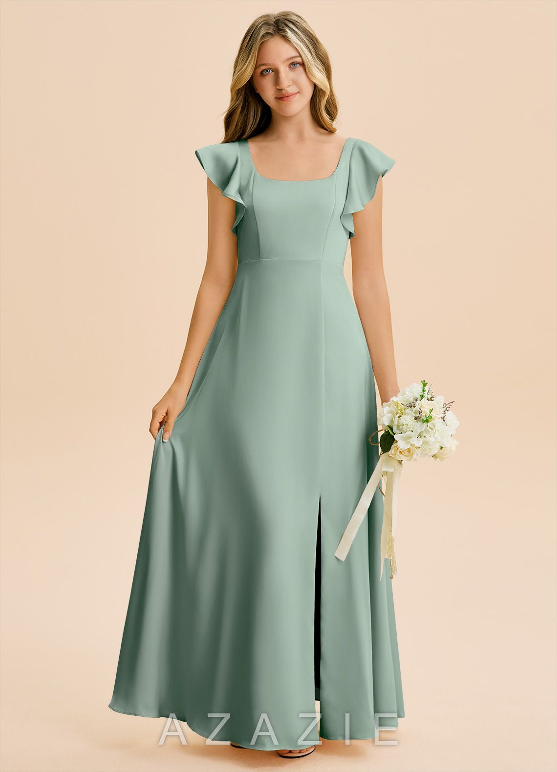 Azazie Bondi Junior Agave A-Line Side Slit Stretch Satin Dress