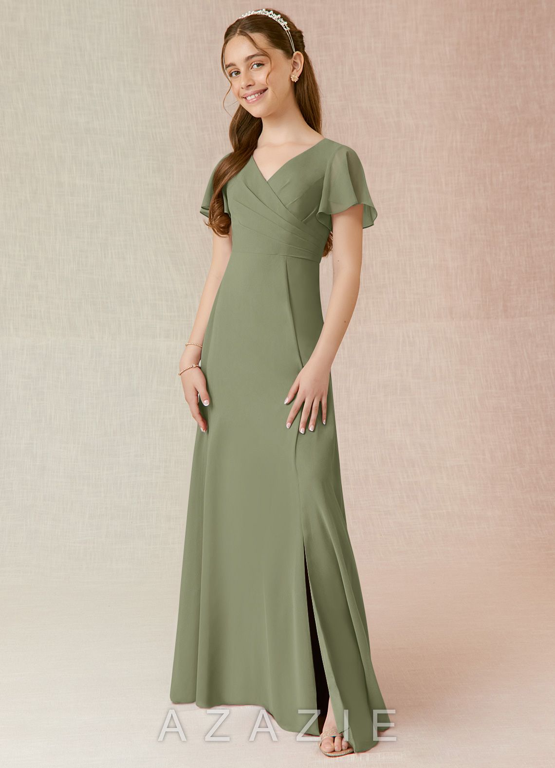 Azazie Induh Junior Pistachio A-Line Ruched Chiffon Dress