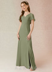 Azazie Induh Junior Pistachio A-Line Ruched Chiffon Dress