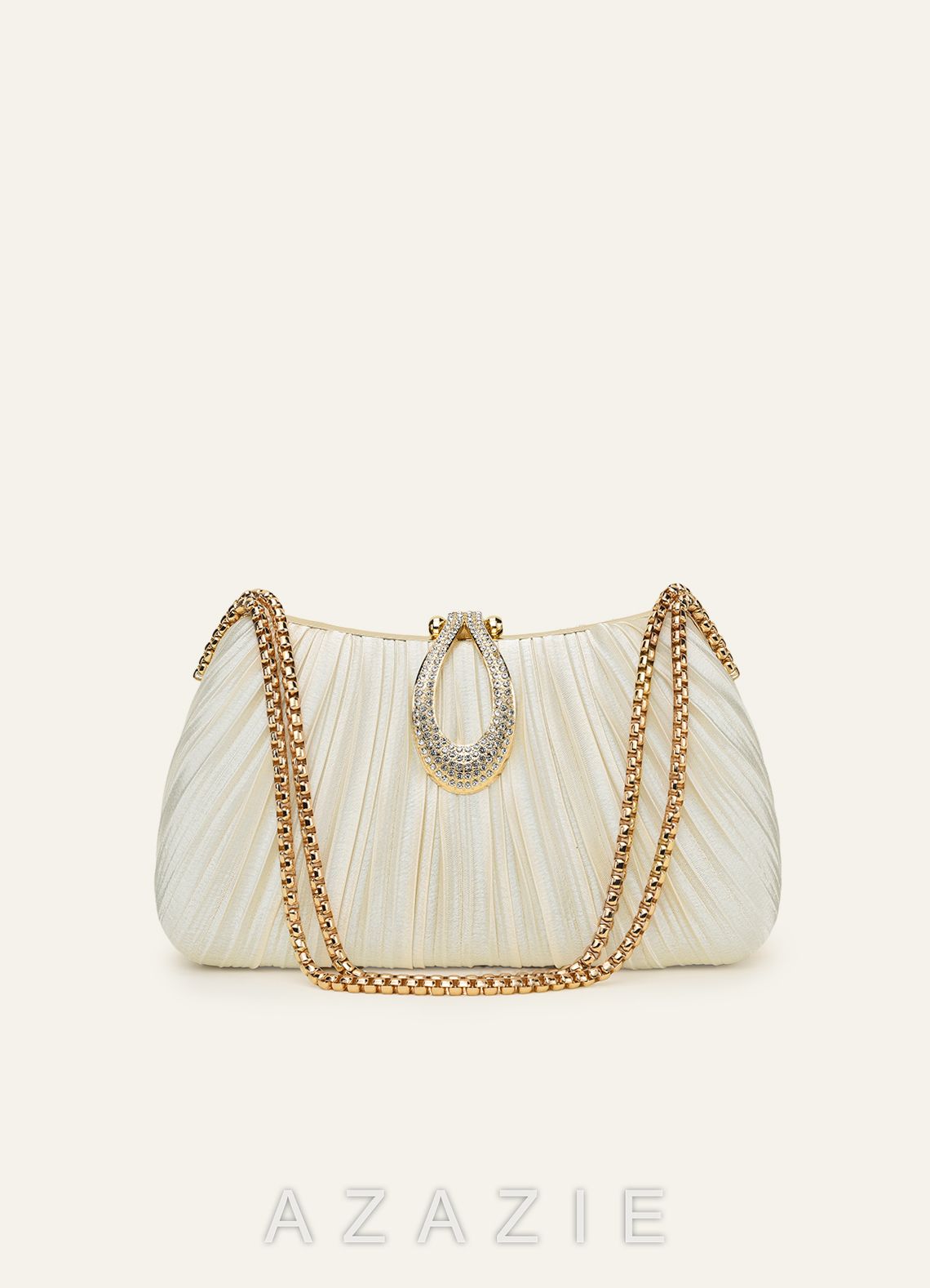 Matching Color Crystal Buckle Pleated Satin Clutch Bag