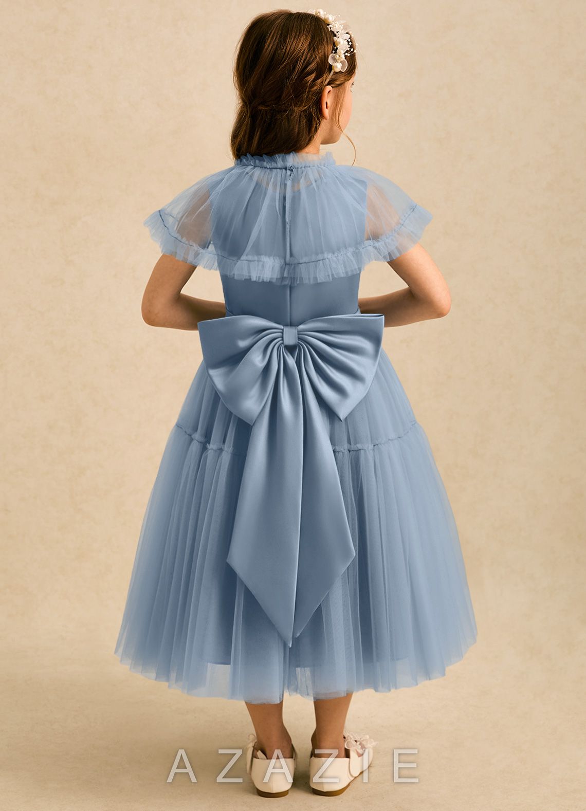 Azazie Kennedy Dusty Blue A-Line Ruched Tulle Dress dusty_blue