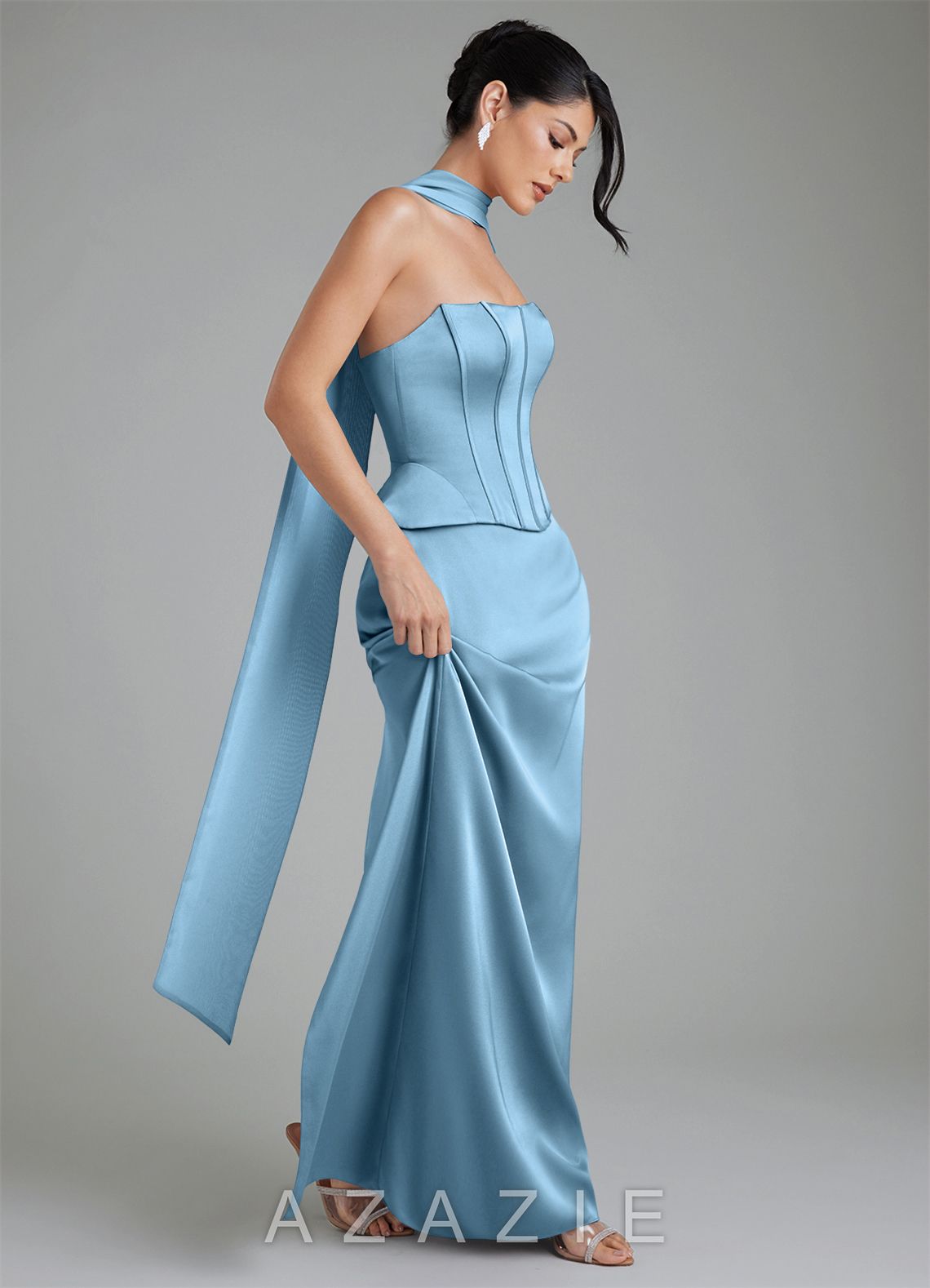 Azazie River Steel Blue Sheath Corset Stretch Satin Convertible Dress steel_blue