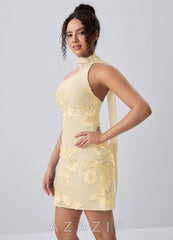 Helene Lemon Sorbet Halter 3D Floral Mesh Open Back Mini Dress
