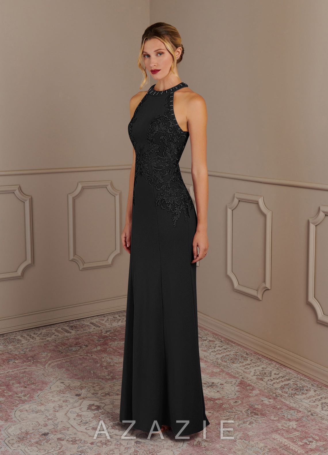 Azazie Tyra Black Mermaid Halter Lace Stretch Crepe Dress black