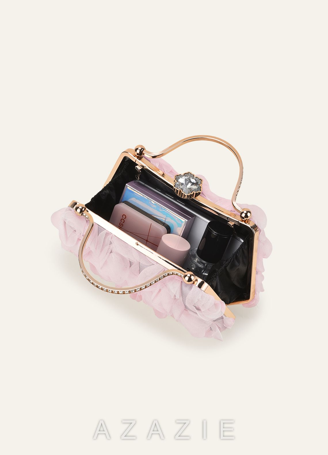 3D Floral Embellished Handbag with Rhinestone Top Handle