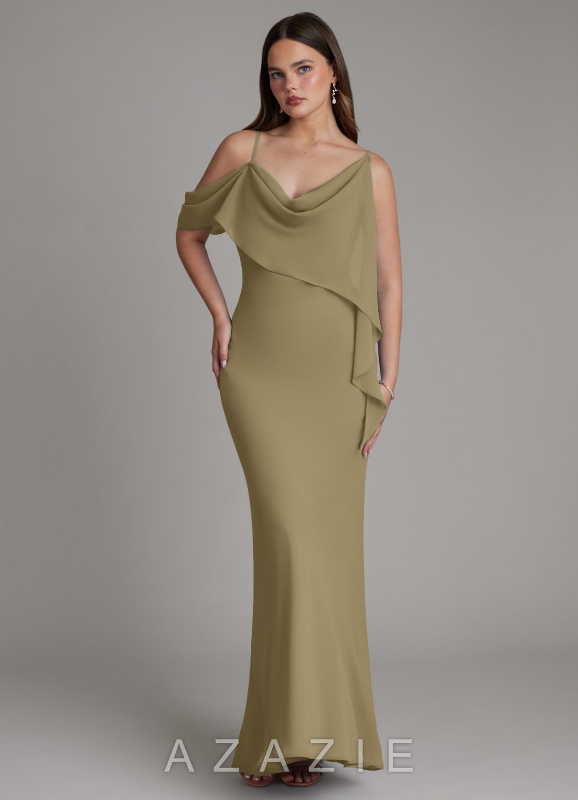 Azazie Yura Moss Green Mermaid Off the Shoulder Chiffon Dress moss_green