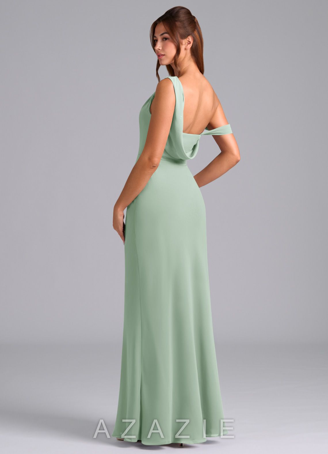 Azazie Madelyn Agave Mermaid One Shoulder Chiffon Convertible Dress agave