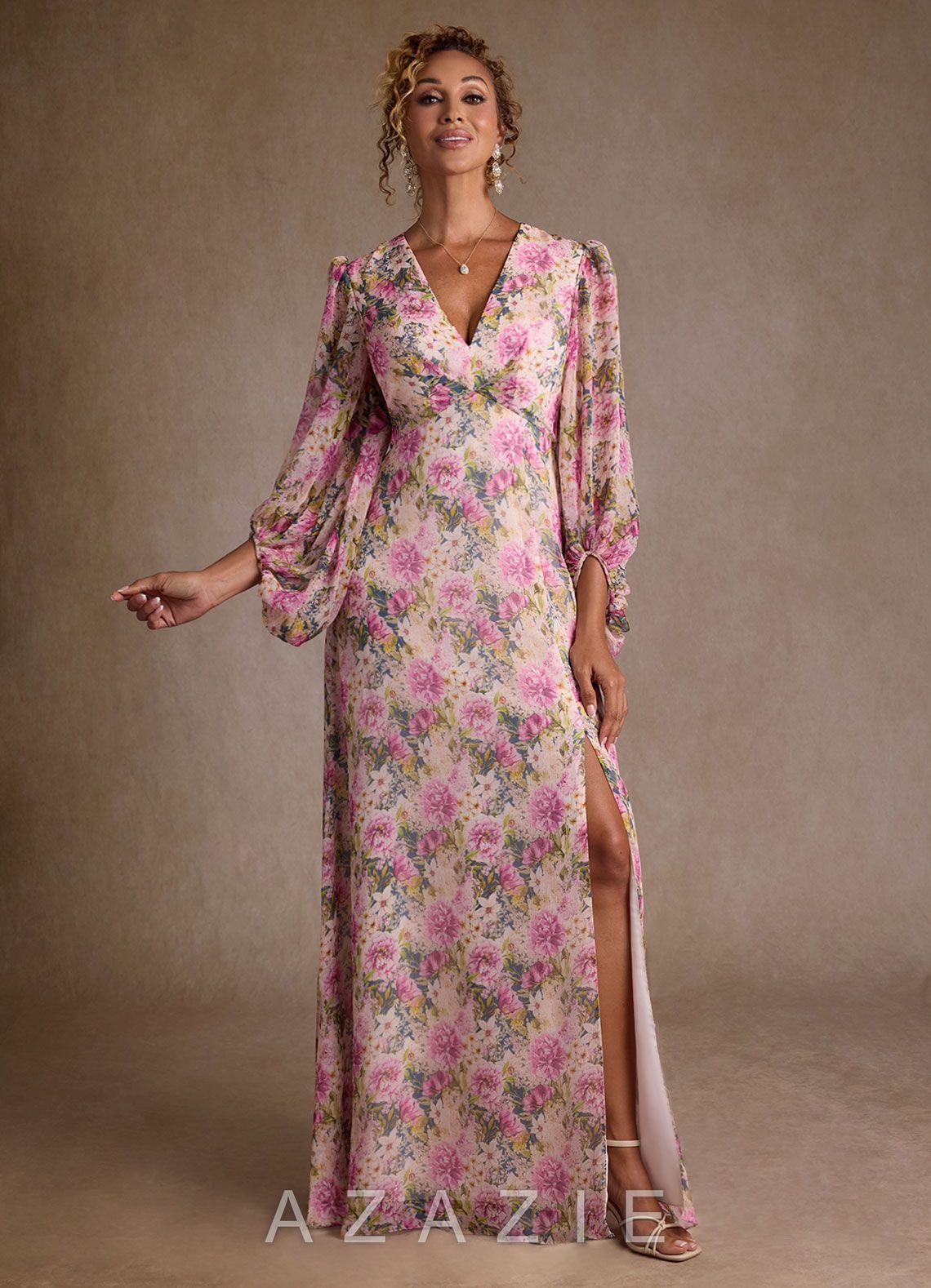 Azazie Marlo Lavender Floral A-Line Pleated Chiffon Dress