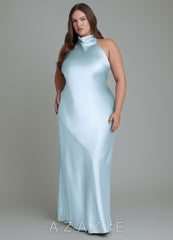 Azazie Velli Sky Blue Sheath High Neck Metallic Satin Dress sky_blue
