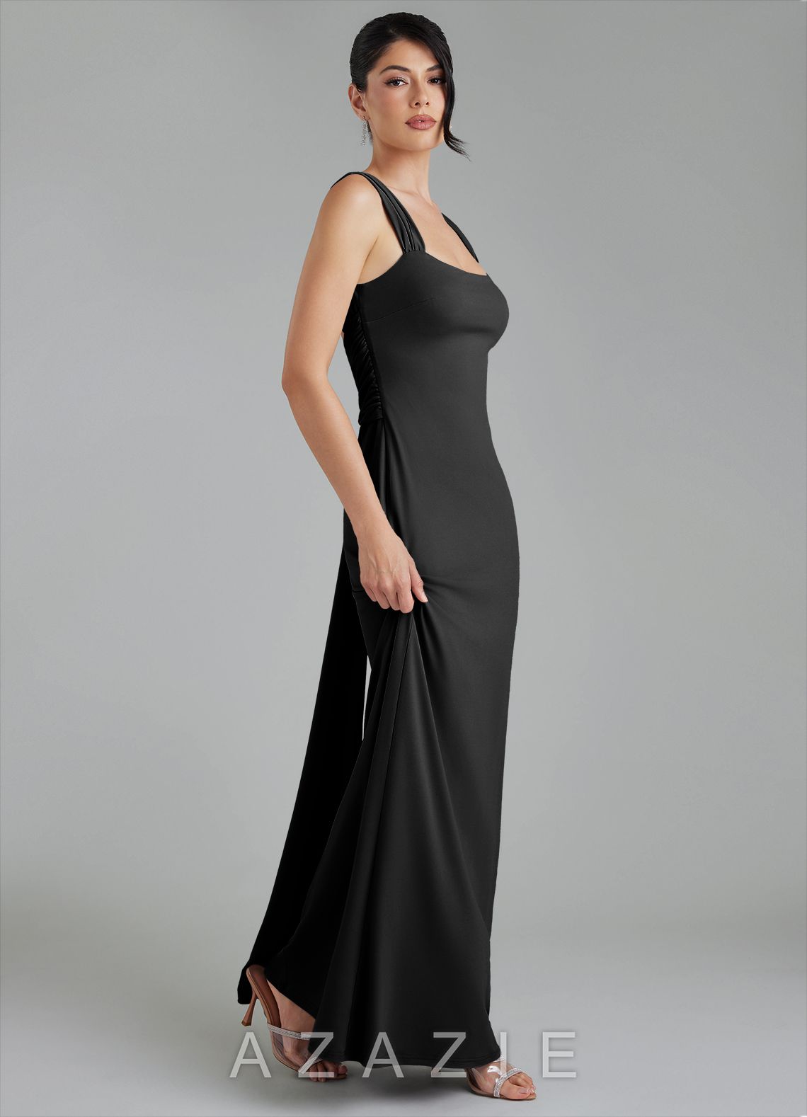 Azazie Ariel Black Mermaid Square Neckline Premium Stretch Jersey Dress black