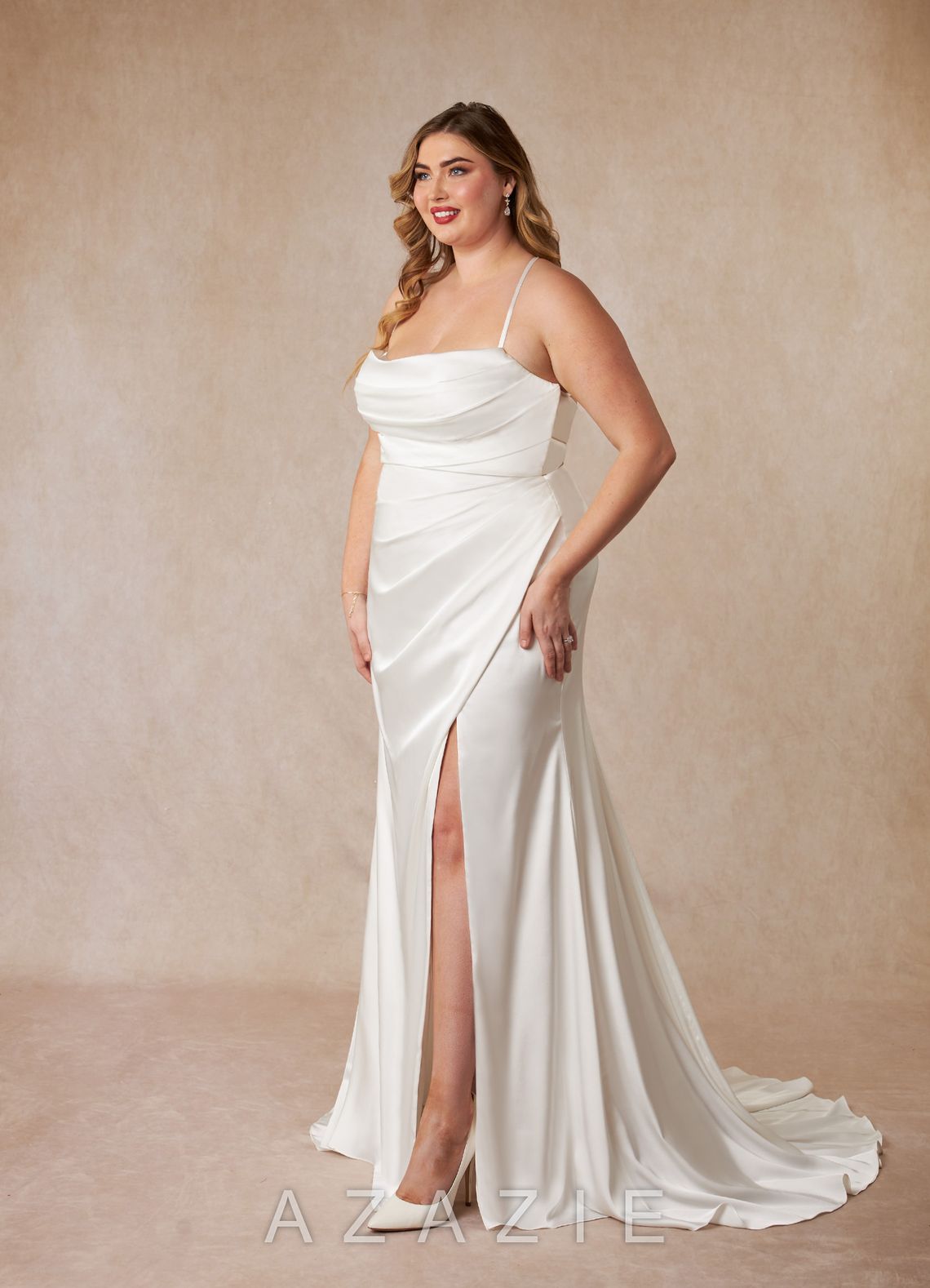 Azazie Kierra Wedding Dress Diamond White Mermaid Pleated Stretch Satin Dress diamond_white