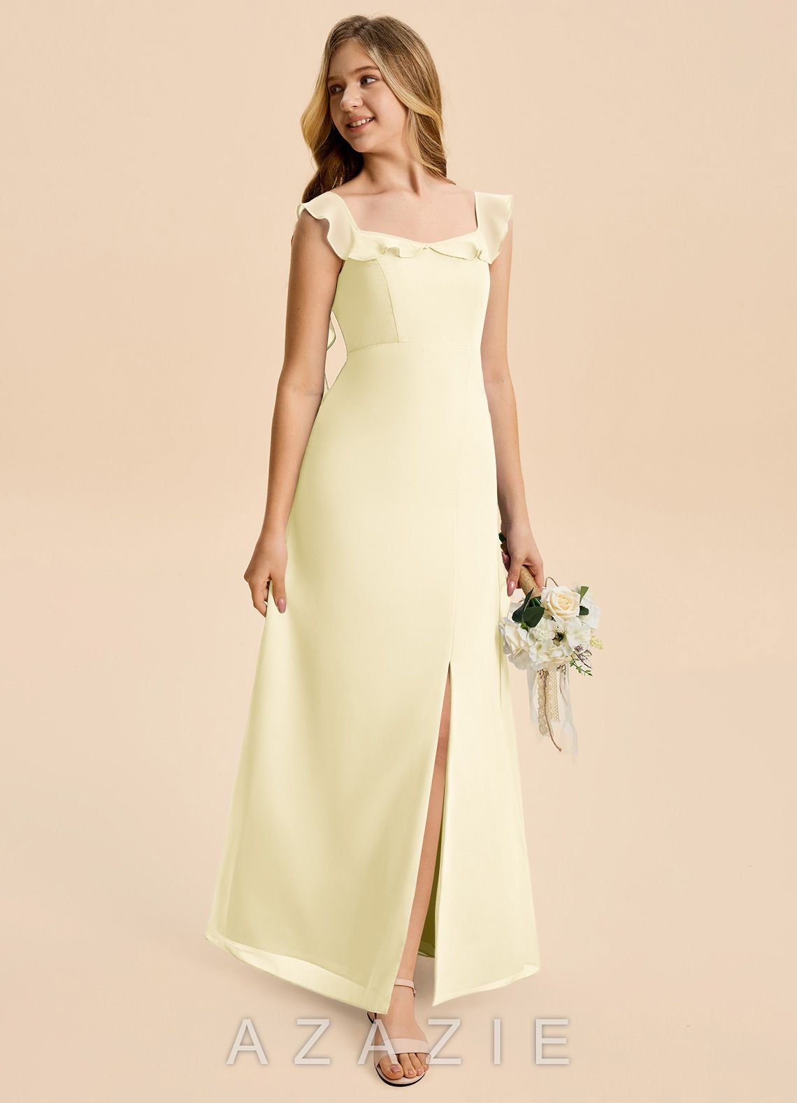 Azazie Cindy Junior Lemon Sorbet A-Line Ruched Chiffon Dress lemon_sorbet