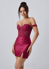 Persephonea Burgundy Corset Lace Rhinestones Stretch Satin Mini Dress