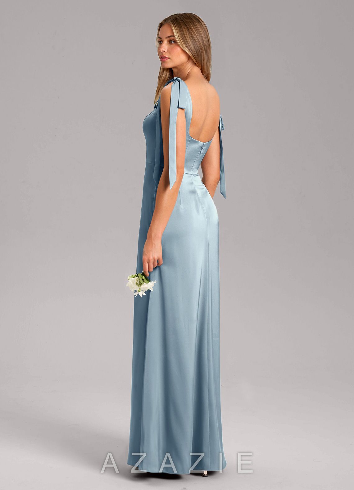 Azazie Frostine Dusty Blue A-Line Bow Stretch Satin Dress dusty_blue