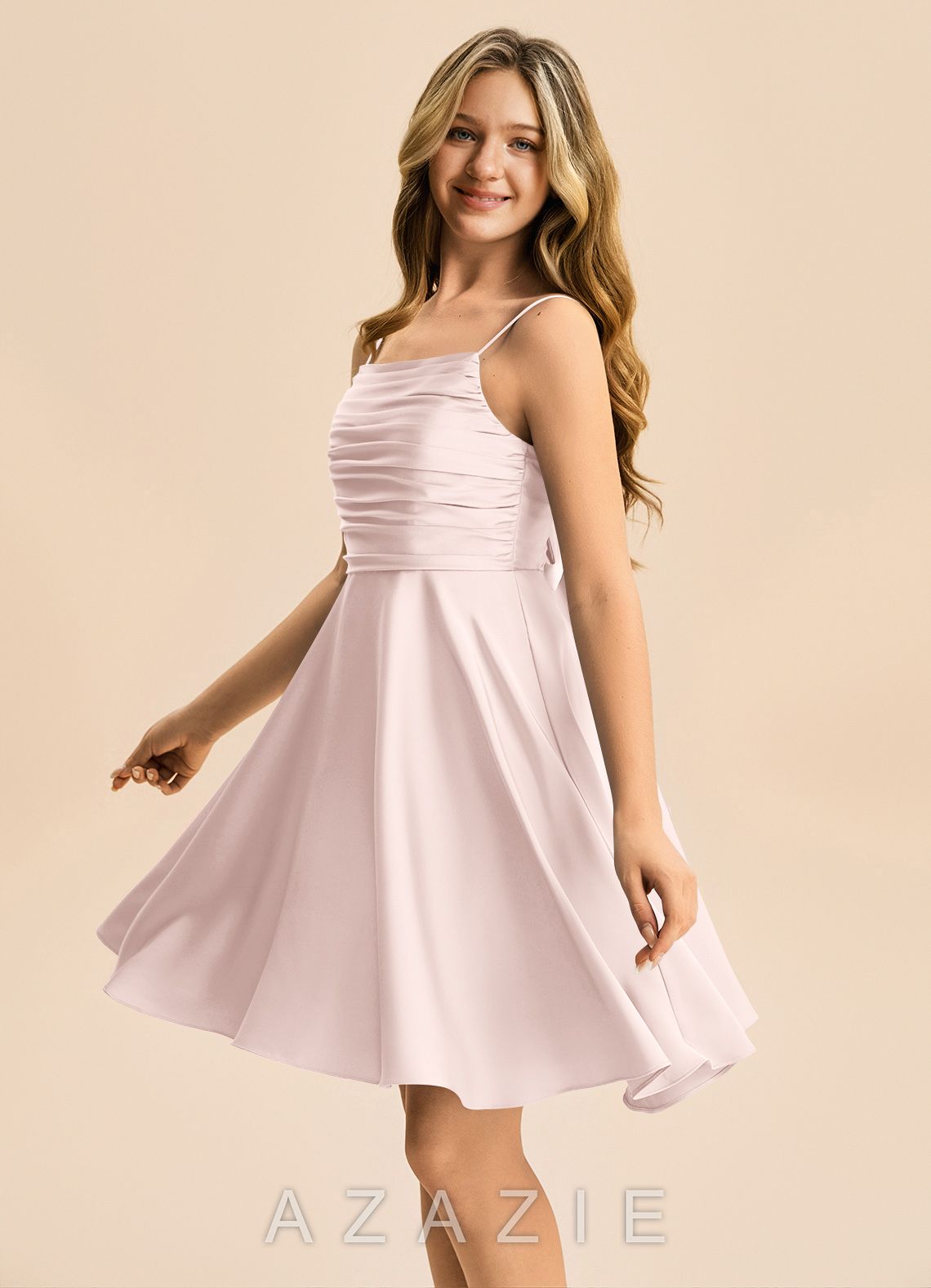 Azazie Miko Junior Blushing Pink A-Line Pleated Stretch Satin Dress blushing_pink