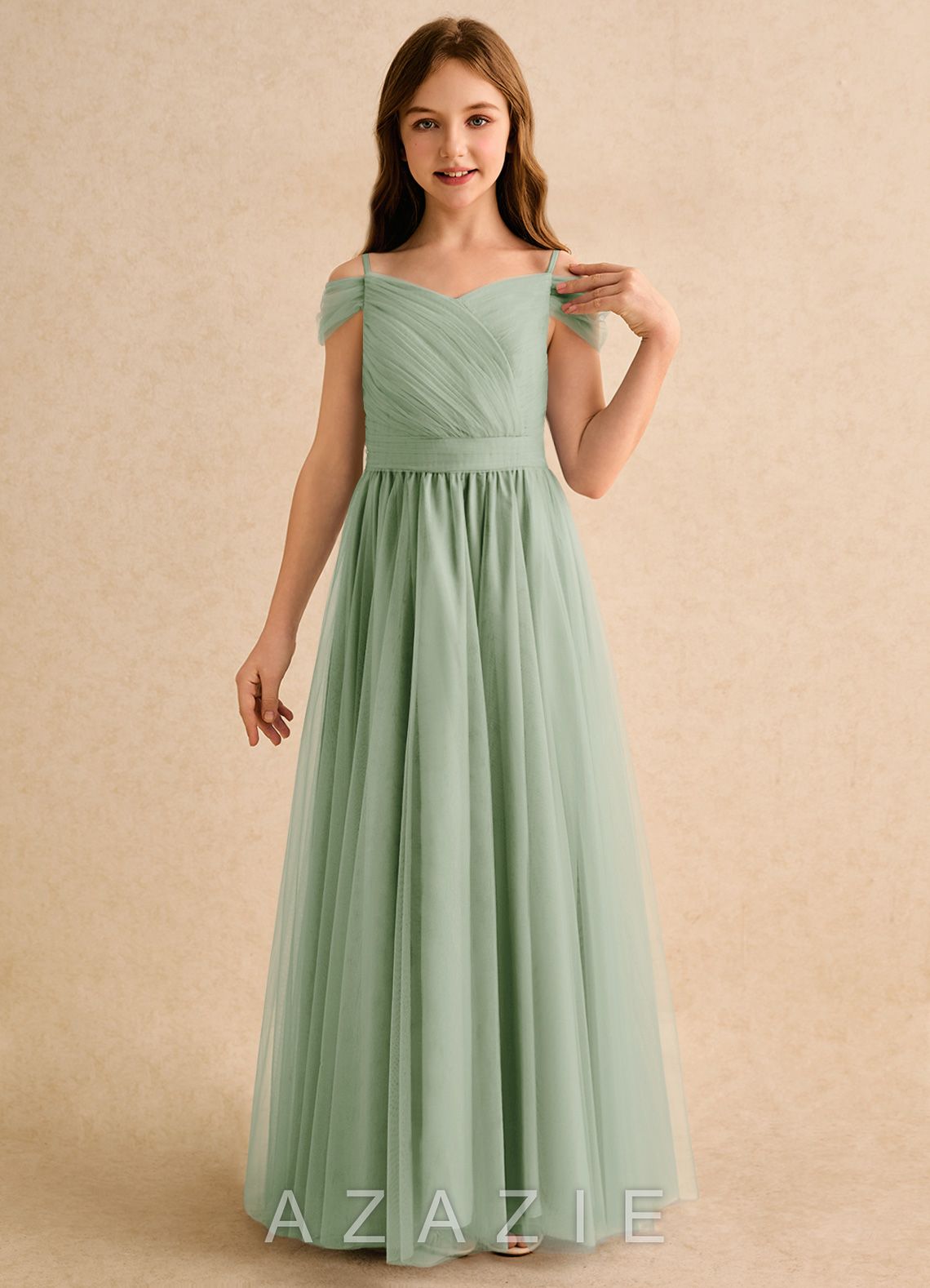 Azazie Yuna Girls Formal Dusty Sage A-Line Off the Shoulder Tulle Dress dusty_sage