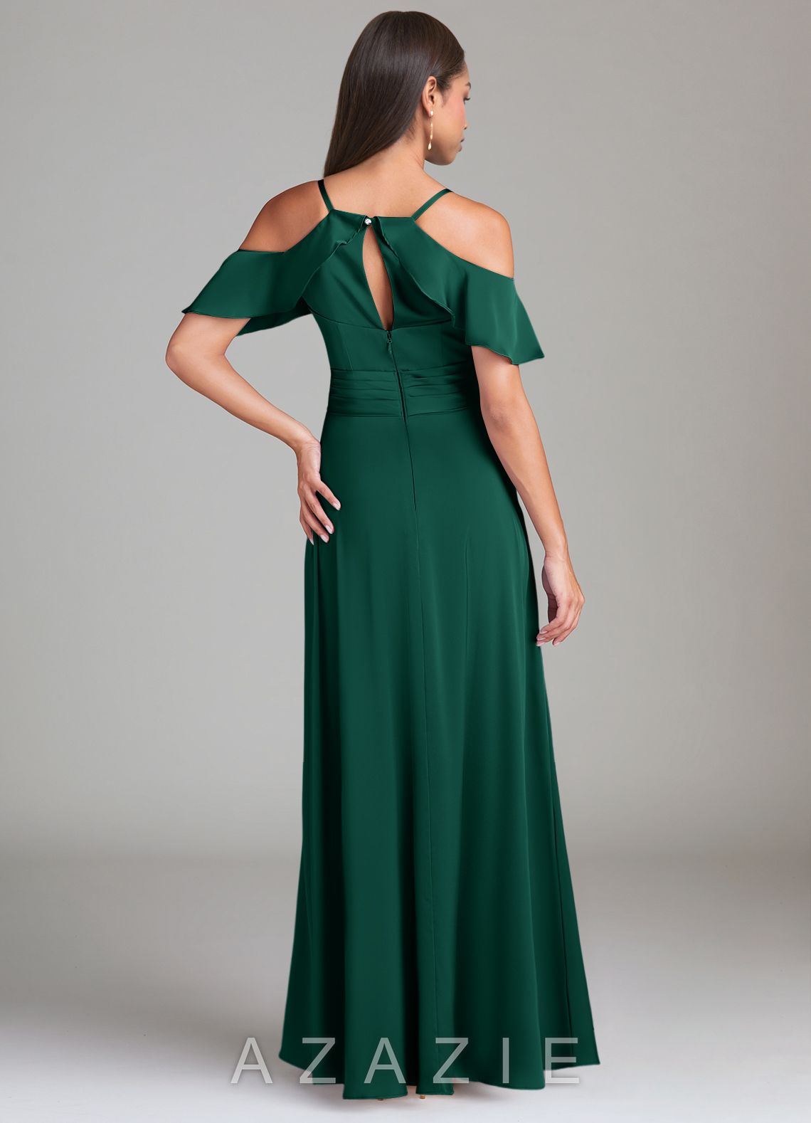 Azazie Dakota Emerald A-Line Off the Shoulder Stretch Satin Dress emerald