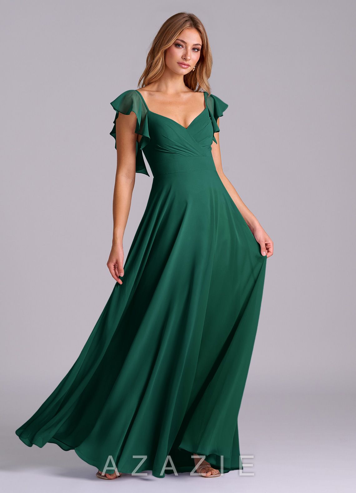 Azazie Leilani Emerald A-Line Pleated Chiffon Dress emerald