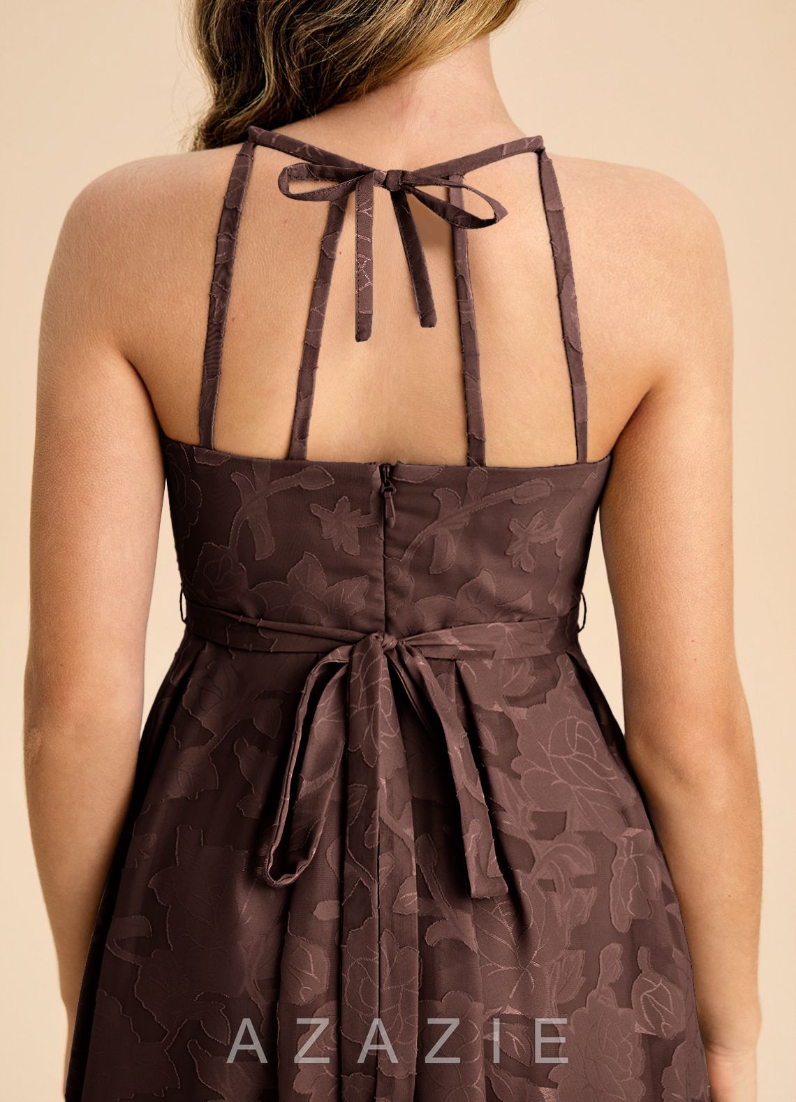 Azazie Arianthe Junior Ganache A-Line Pleated Floral Burnout Dress ganache
