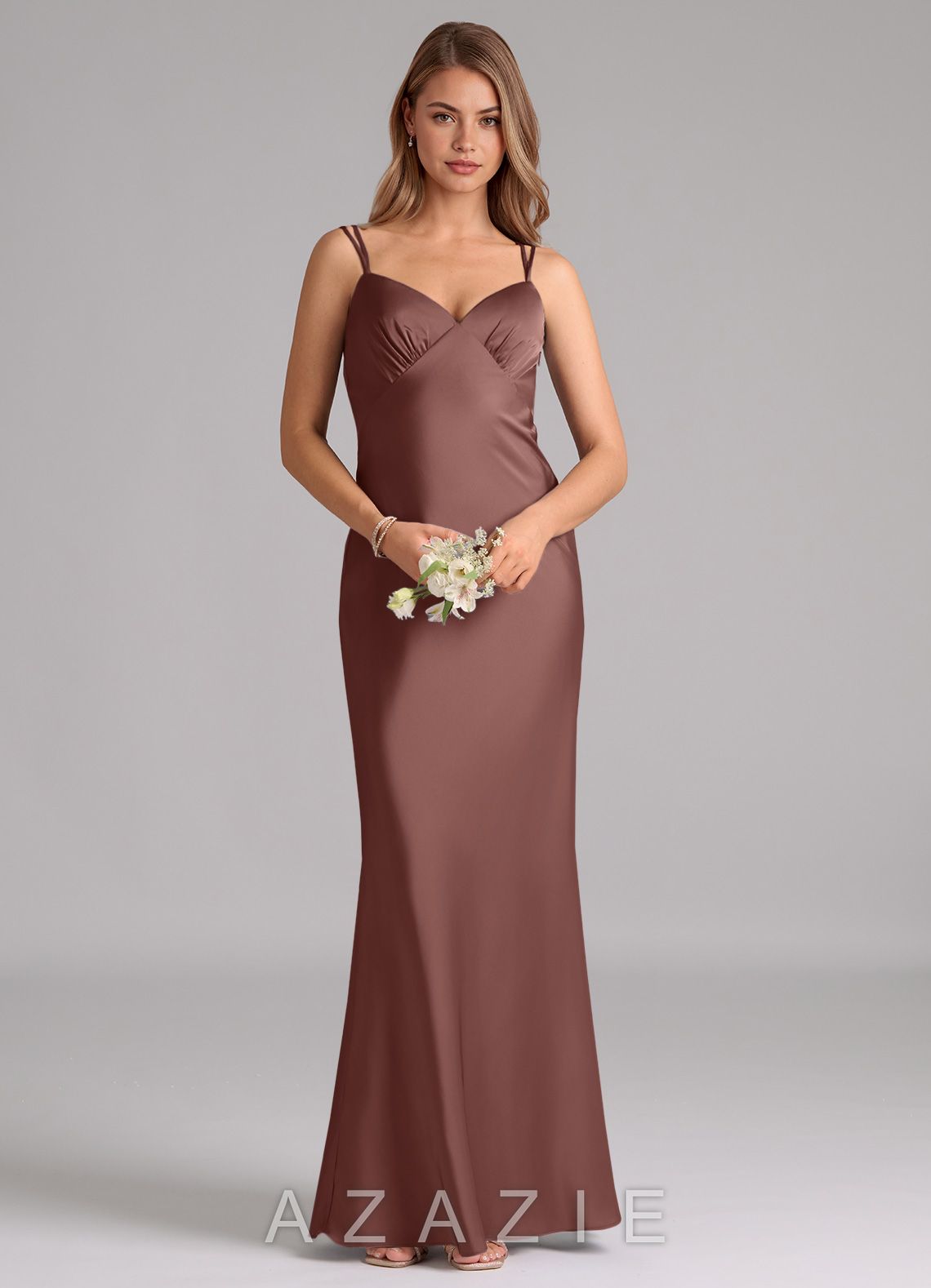 Azazie Suttona Espresso A-Line Pleated Stretch Satin Dress espresso