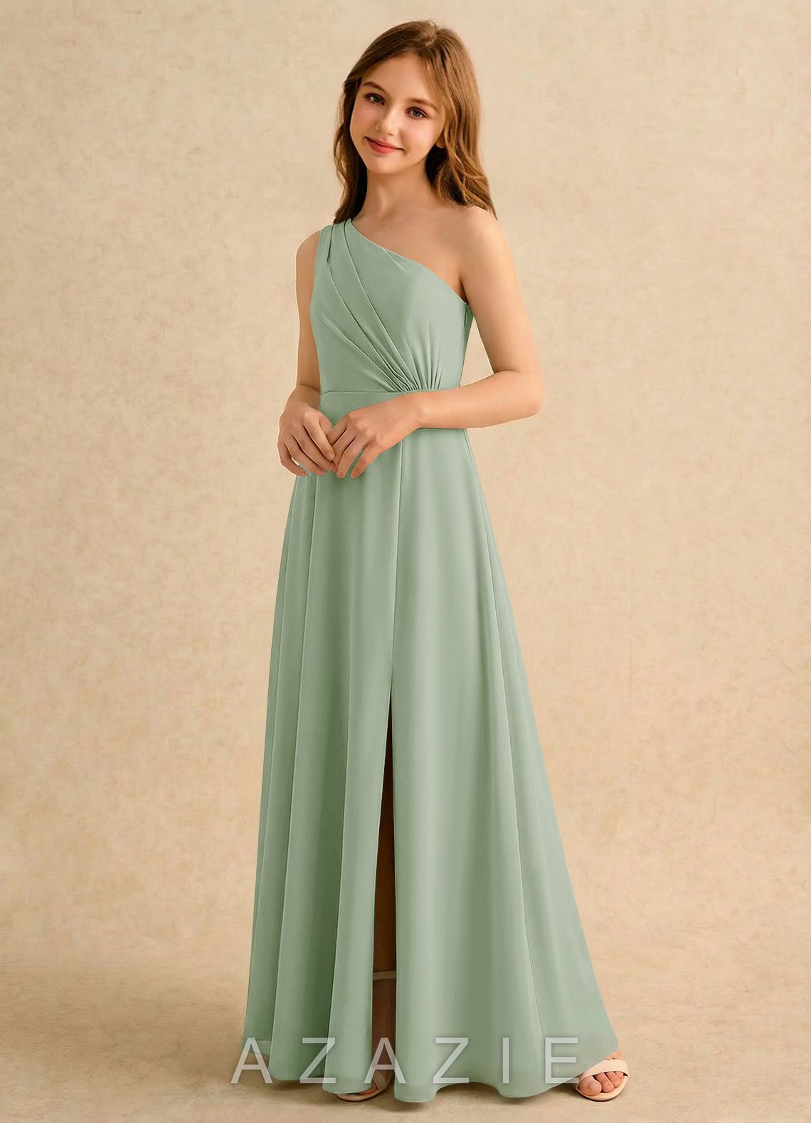 Azazie Puddles Girls Formal Dusty Sage A-Line One Shoulder Chiffon Dress dusty_sage