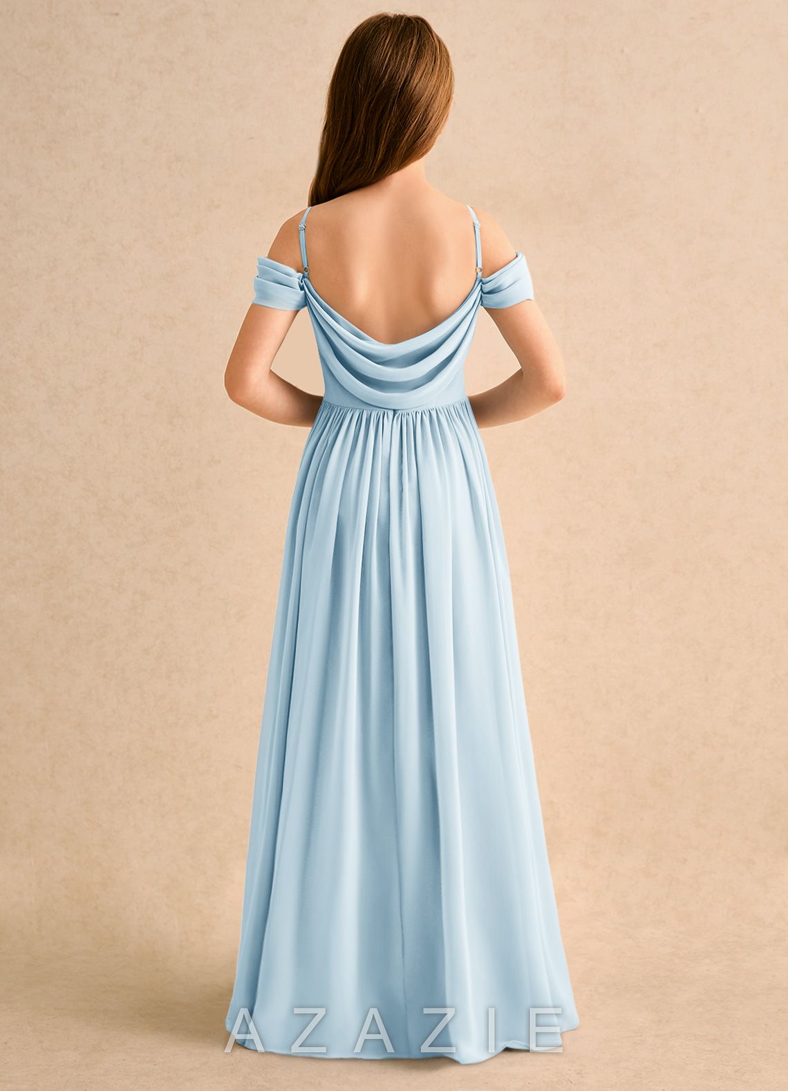 Azazie Shia Girls Formal Sky Blue A-Line Off the Shoulder Chiffon Dress