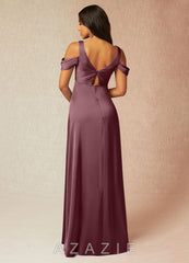 Azazie Rhea Stretch Satin Dress A-Line Off-The-Shouler Pleated Stretch Satin Floor-Length Dress amethyst