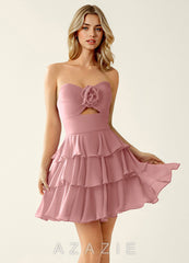 Orosecy Dusty Pink Cut-out Waist Ruffles Chiffon Mini Dress
