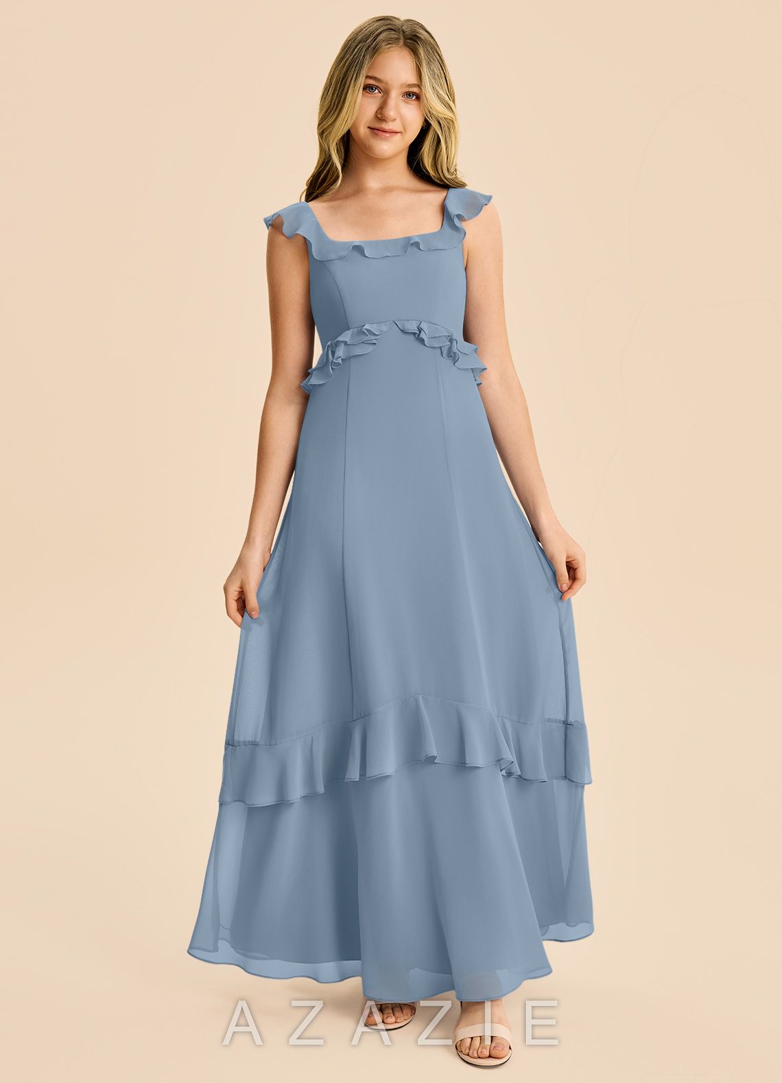 Azazie Mimi Junior Dusty Blue A-Line Ruched Chiffon Dress dusty_blue