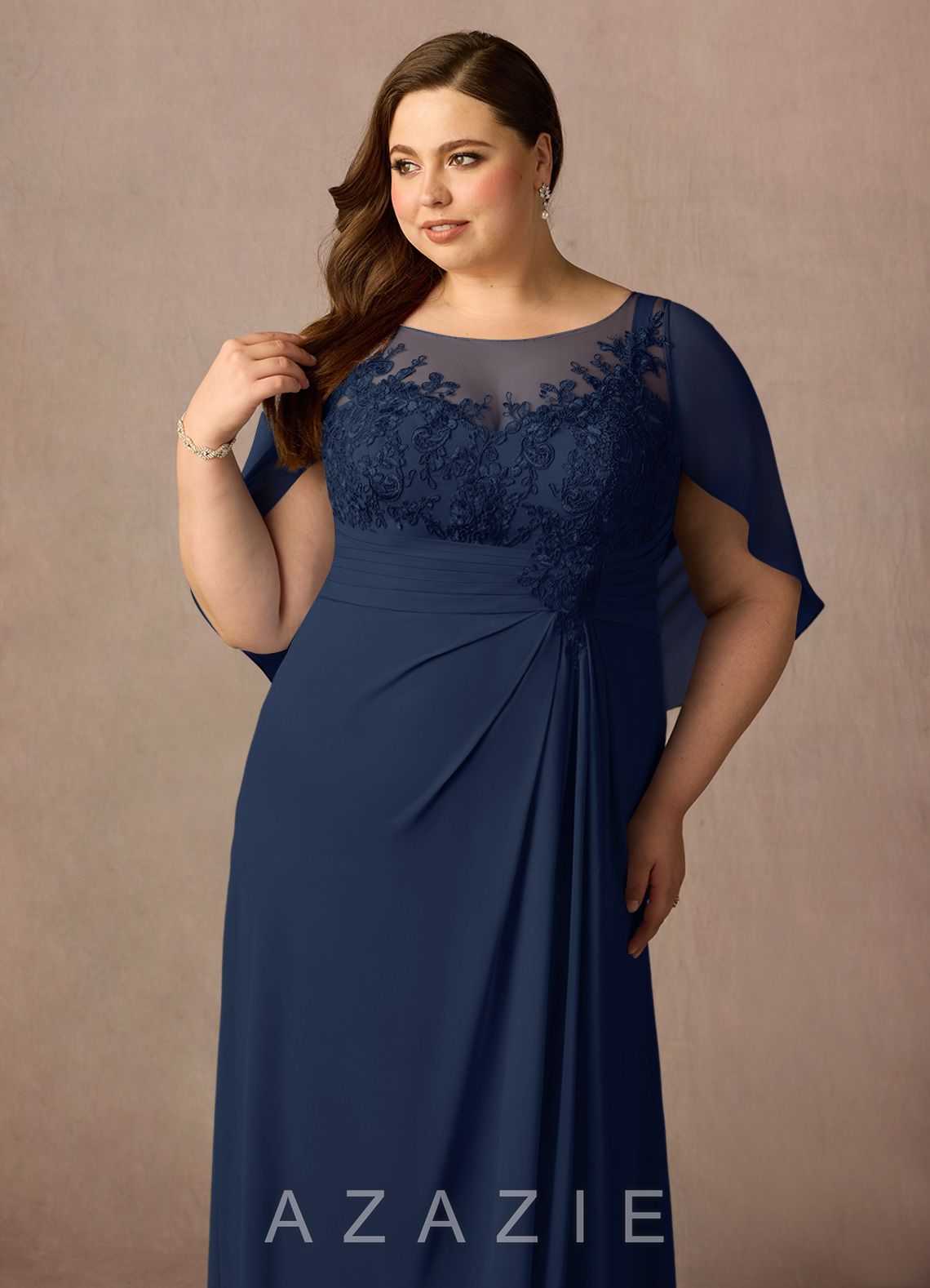Azazie Hera Dark Navy A-Line Lace Capelet Chiffon Dress dark_navy