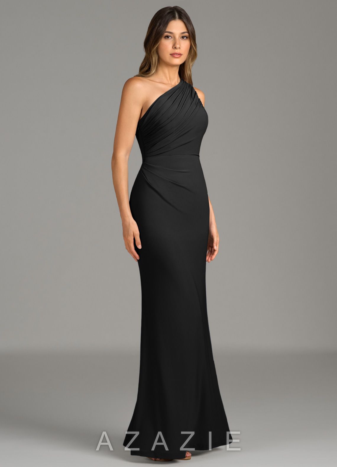 Azazie Akilah Black Mermaid One Shoulder Premium Stretch Jersey Dress black