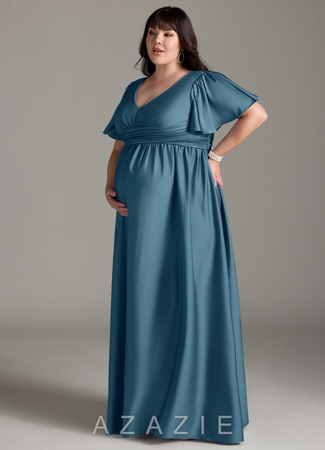 Azazie Verna A-Line Ruched Stretch Satin Floor-Length Dress bermuda