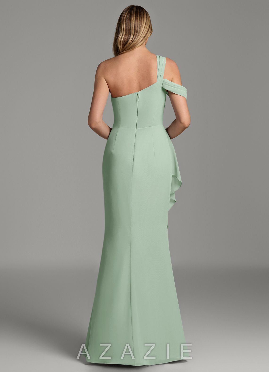 Azazie Ashlynn Agave Mermaid Off the Shoulder Chiffon Dress agave