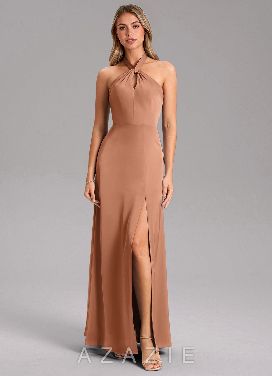 Azazie Tracie Bronzer A-Line Side Slit Stretch Satin Dress bronzer
