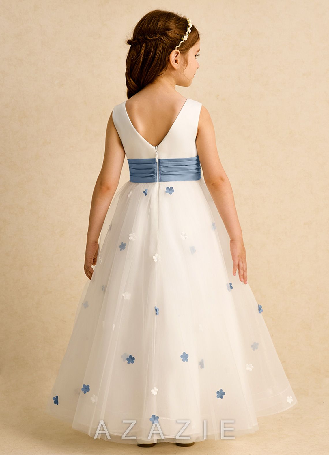 Azazie Cricket Ivory Dusty Blue Ball-Gown Pleated Matte Satin Dress ivory/dusty_blue