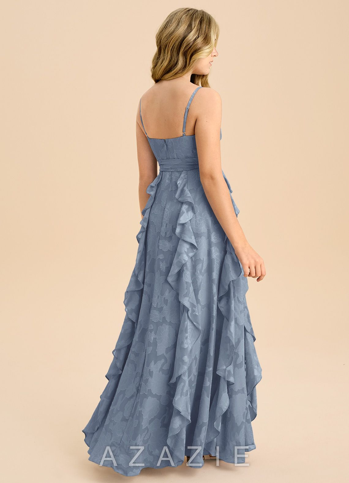 Azazie Peyton Junior Dusty Blue A-Line Pleated Floral Burnout Dress dusty_blue