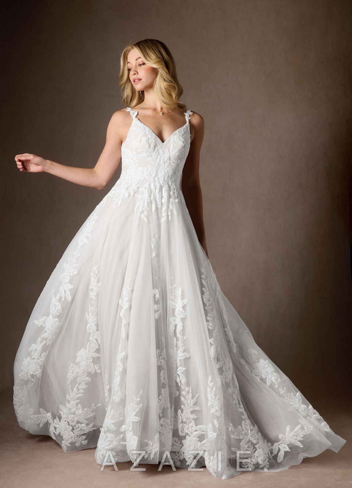 Azazie Delaina Wedding Dress Diamond White A-Line V-Neck Sequins Tulle Dress diamond_white