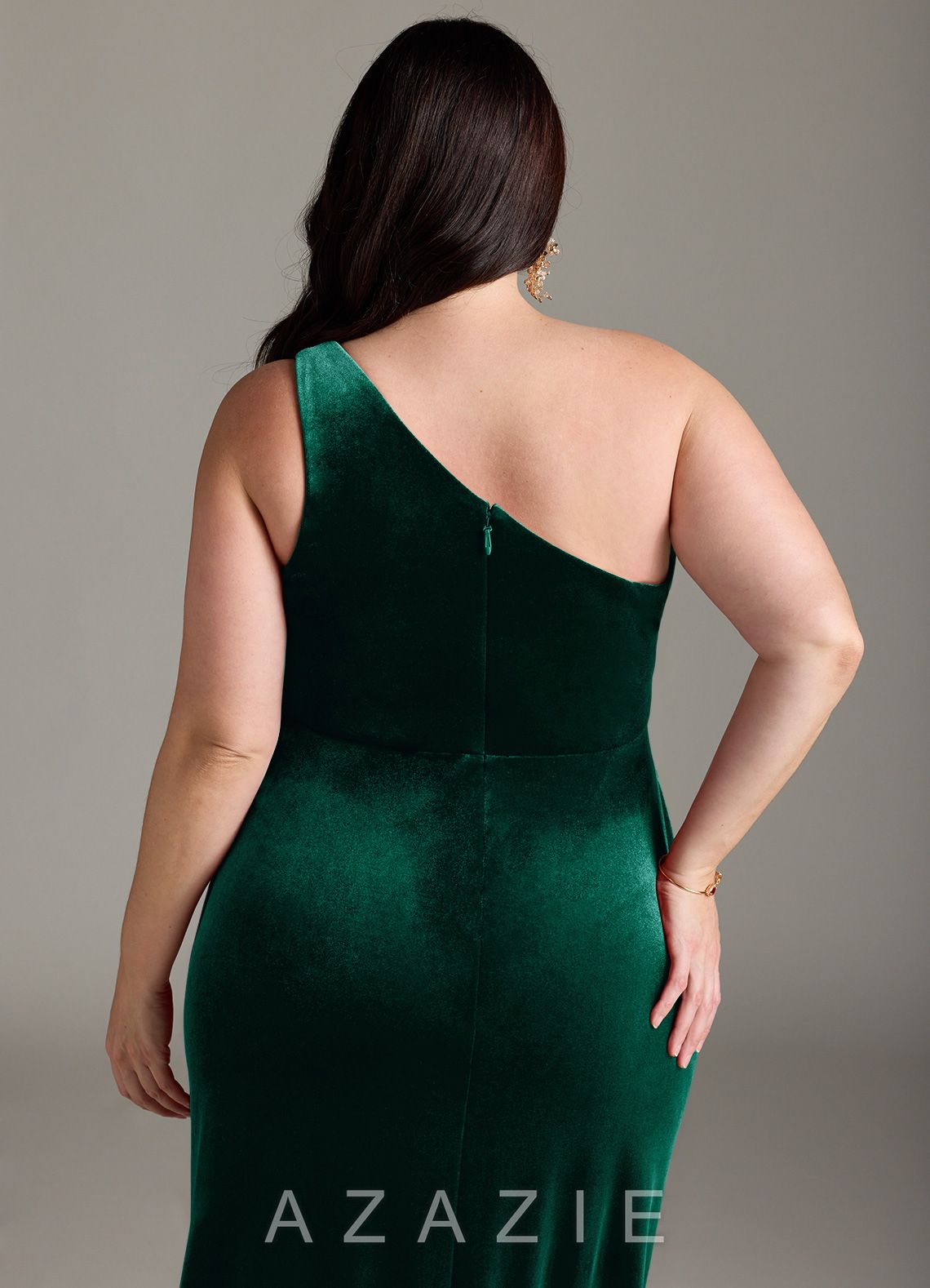 Azazie Argan Emerald Mermaid One Shoulder Pleated Velvet Dress emerald