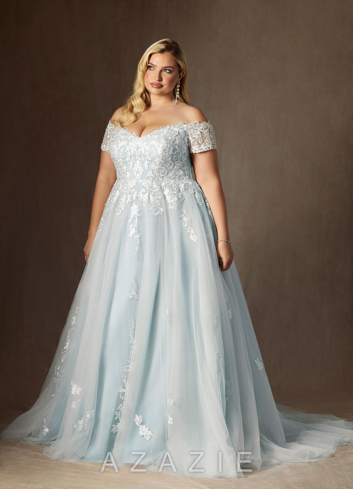 Azazie Rowe Wedding Dress Cloudy Blue Ball-Gown Off the Shoulder Tulle Dress