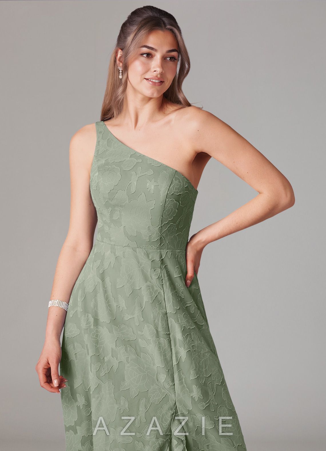 Azazie Ellianna Agave A-Line One Shoulder Floral Burnout Dress agave
