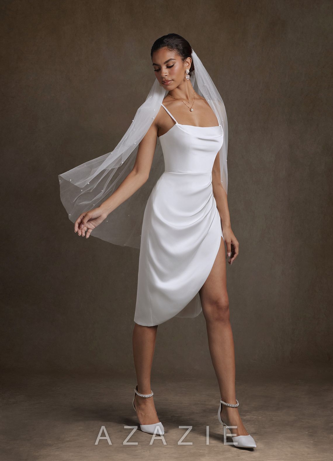 Azazie Katiya Diamond White Sheath Cowl Neckline Pleated Stretch Satin Dress diamond_white