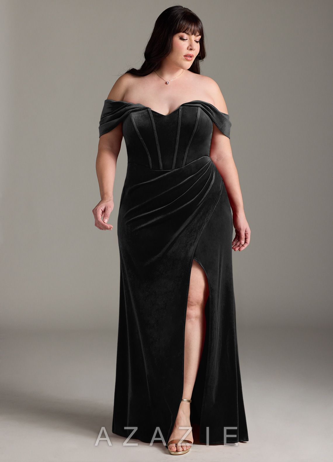 Azazie Jas Black Sheath Off-The-Shoulder Corset Velvet Convertible Dress black