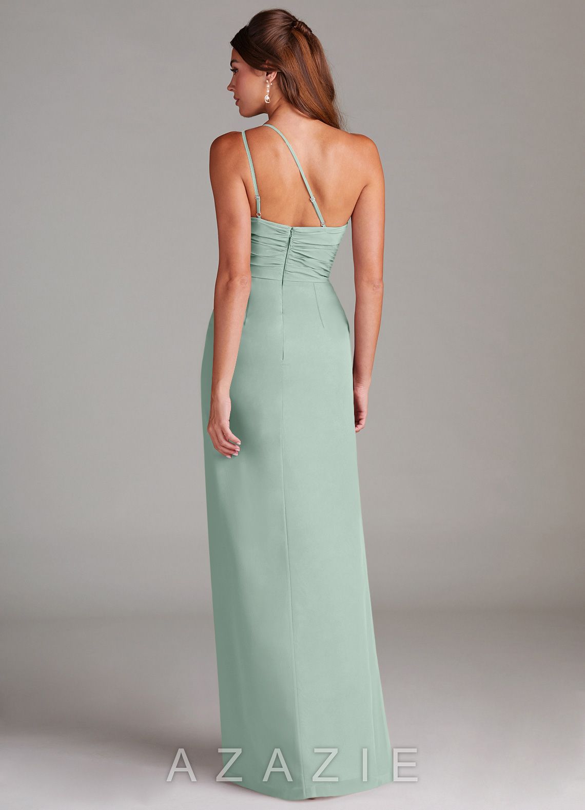 Azazie Eren Agave Sheath One Shoulder Chiffon Dress agave