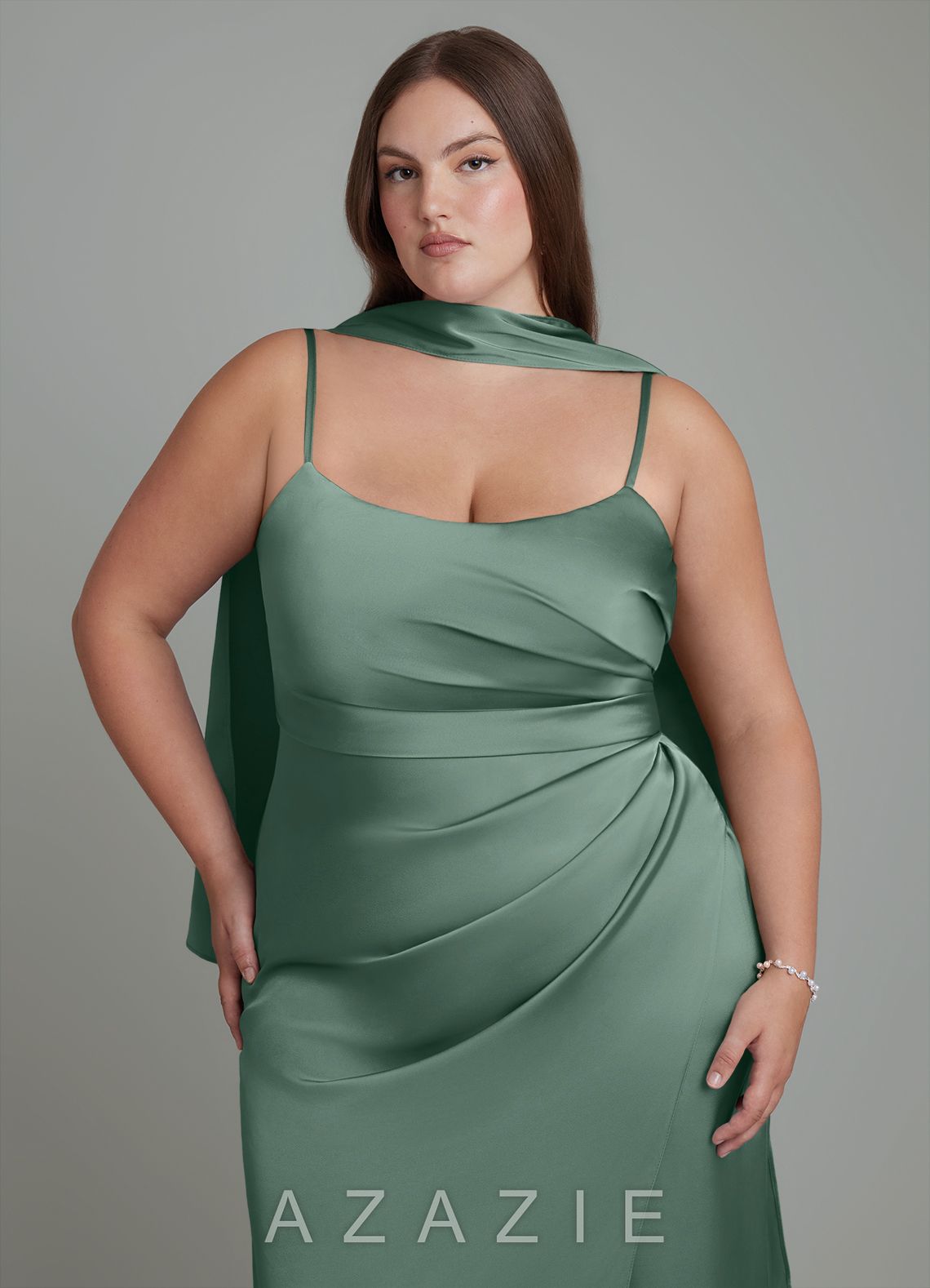 Azazie Calandra Eucalyptus Sheath Pleated Stretch Satin Dress eucalyptus