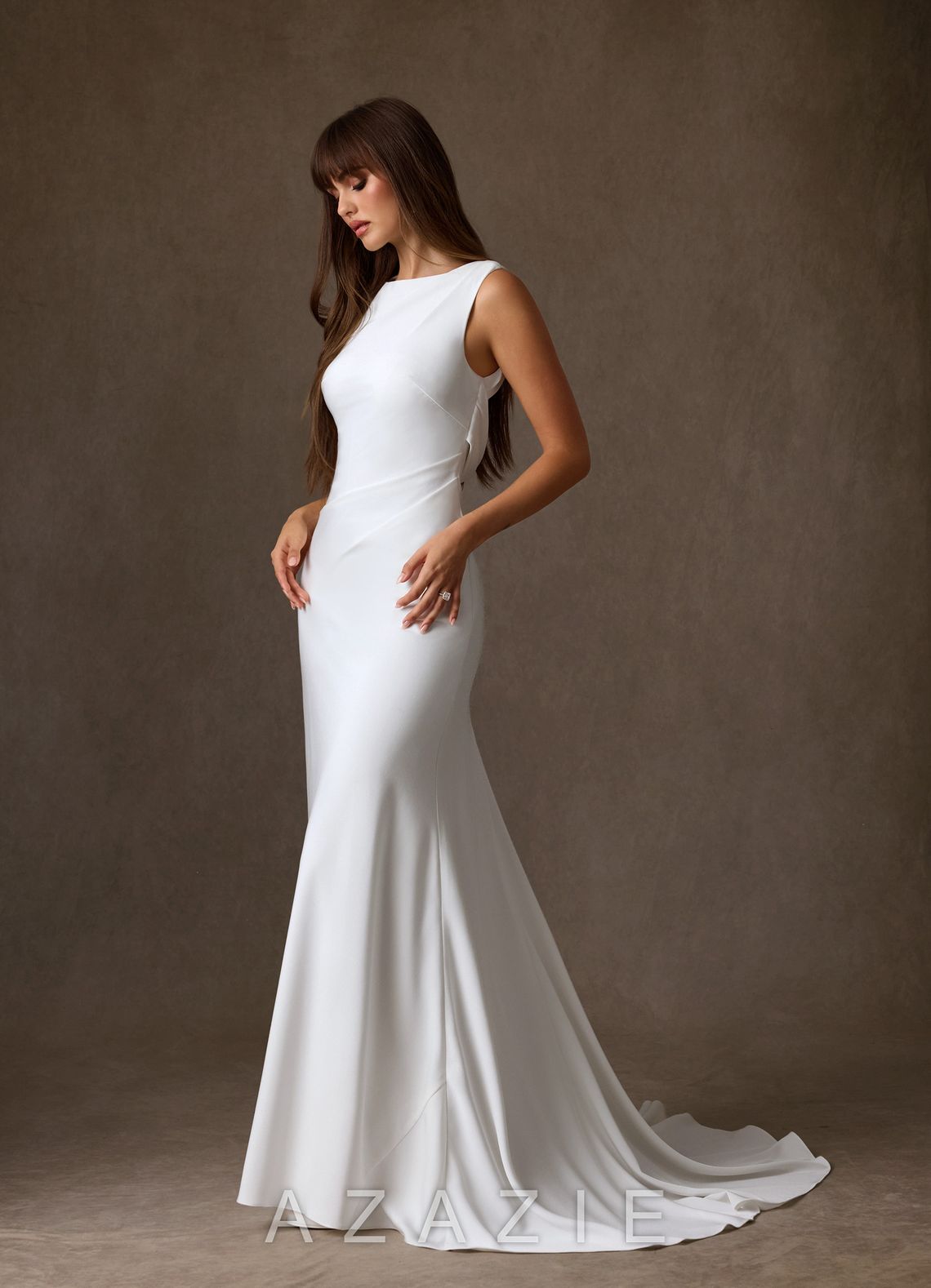 Azazie Minna Diamond White A-Line Boatneck Crepe Back Satin Dress