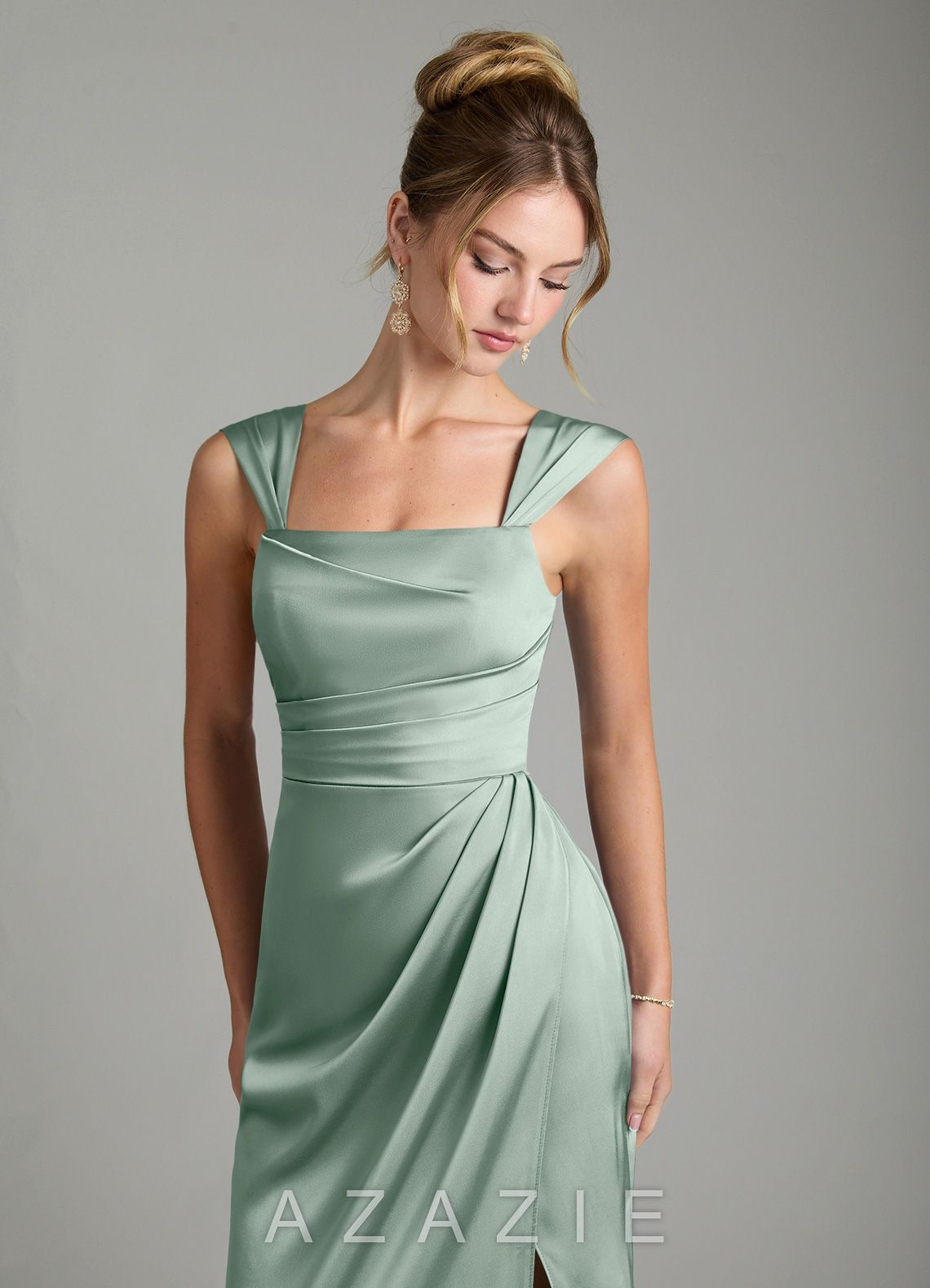 Azazie Filippa Agave A-Line Pleated Stretch Satin Dress agave