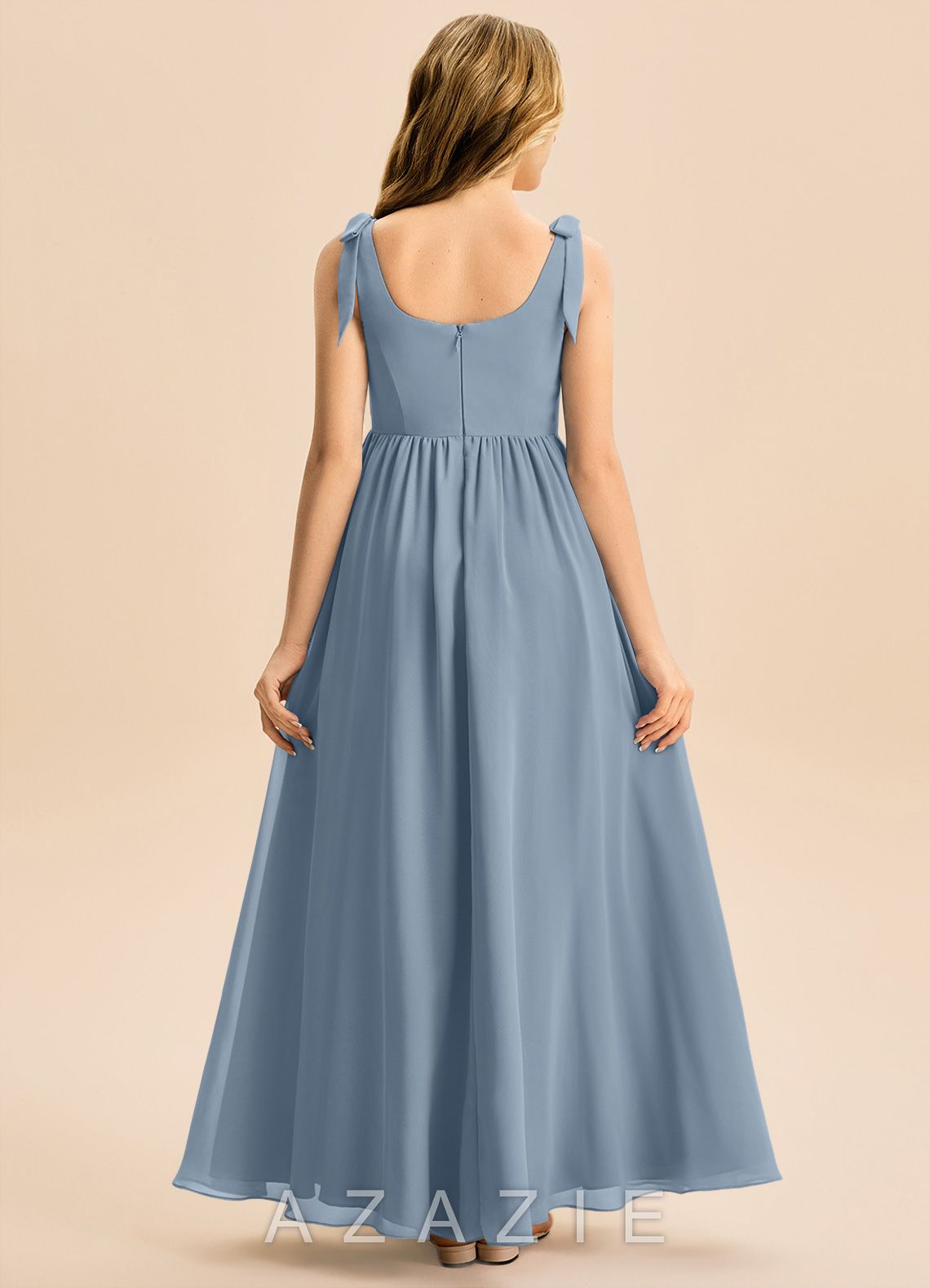 Azazie Delia Junior Dusty Blue A-Line Bow Chiffon Dress dusty_blue