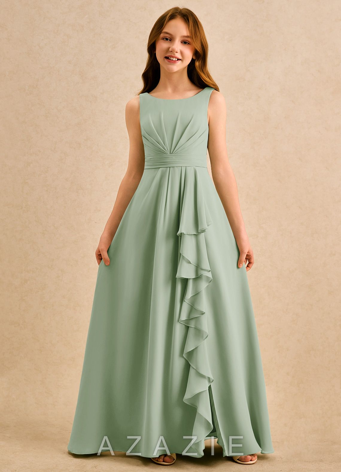 Azazie Chibi Girls Formal Dusty Sage A-Line Pleated Chiffon Dress dusty_sage