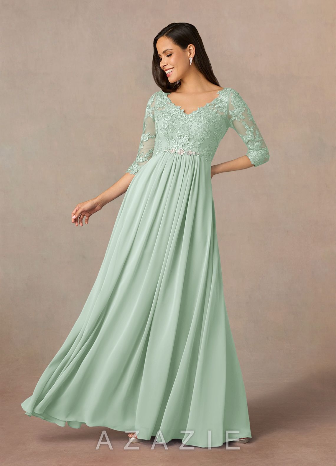 Azazie Hayek Agave A-Line V-Neck Lace Chiffon Dress